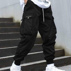 Mens Flap Pocket Drawstring Waist Cargo Pants blac